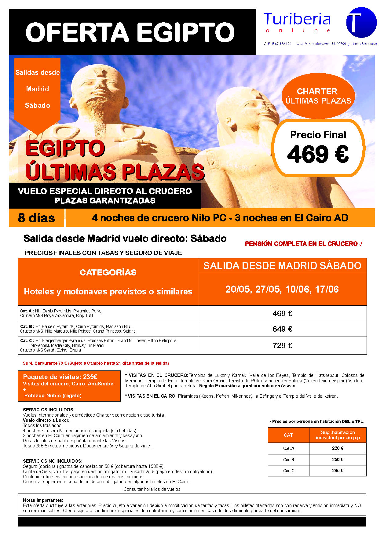 Ofertas Turiberia Ultimas Plazas Mayo-Junio 2023 Egipto Charter Esencial TUT-1 8 dias salida en vuelo especial directo desde Madrid